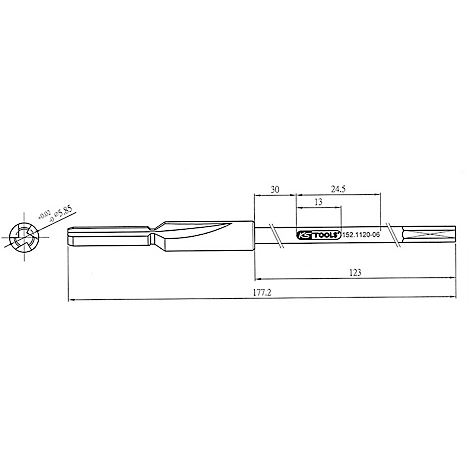 Technische Zeichnung einer Werkzeugspitze, mit Bemaßungen und Herstellerlogo.